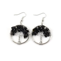 Detail of silver wire wrapped Tree of Life earrings with natural black stone chips - 3cm / Silver + Obsidian