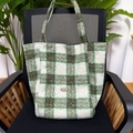 Checkered lamb wool tote bag in white green and brown with handmade metal tag - Green and White Plaid Plush Style