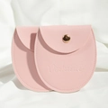 Round pink PU leather jewelry pouch with gold snap button and debossed logo detail - 8*8.5cm / Pink