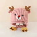 Pink knitted baby winter hat with cute reindeer antlers and thick warm fleece lining - 48-53cm (1-6 Years) / Pink