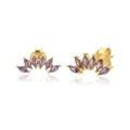 Macro view of gold fan-shaped stud earrings with inlaid purple marquise zircon stones - Style 9-Fan-shaped Marquise Studs / Purple/Gold