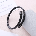 Hip hop black braided wire stainless steel cuff bracelet with barrel ends on stone - Black