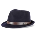 Navy blue wool felt jazz hat featuring a brown leather belt buckle strap in a side view - Navy-Coffee Belt