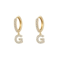 Golden huggie hoop earrings with crystal-encrusted letter G pendant design - Letter G / Gold