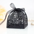 Laser cut black paper favor box with rose patterns and matching organza ribbon bow - Black