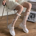 White platform Mary Jane shoes with pearl details and cross strap mesh knee-high socks - Large Mesh Hollow Bow / White