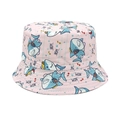 Detailed close-up of pink bucket hat with cute cartoon shark and music note patterns - Light Pink