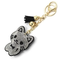 Portachiavi creativo a testa di leopardo con strass, nappa nera e campanellino dorato - Nero Con Strass Bianchi