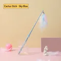Sky blue cactus feather cat wand toy with steel wire and bell for interactive play - Cactus Shaped Teaser Stick (Blue)