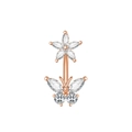 Close-up of rose gold belly ring with zircon flower and butterfly charms on white background - 2787 Rose Gold Flower Butterfly