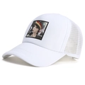 Breathable white trucker hat with mesh back and artistic female portrait patch - Adjustable / White