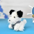 Detailed macro view of a fluffy white West Highland Terrier plush toy keychain with a striped scarf - Ball Chain / 13cm / White (Black Scarf)