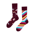 Detail view of cotton socks featuring cartoon unicorn patterns and multi-color stripes - Striped Unicorn