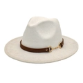 Close-up of white wool fedora hat with brown leather band and golden horsebit buckle - White / M (56-58cm)