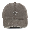 Casquette de baseball délavée vintage avec broderie croix et détails de bord usés. - Réglable / Café