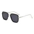 Classic silver metal and black square frame sunglasses with dark grey lenses in 45-degree view - Silver Frame Black Grey Lens