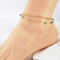 Bohemian double-layer anklet with gold chain and green natural stone beads on a white background - Green Stone Fine Chain