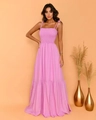 Elegant solid pinkish-purple maxi dress with high waist and pleated ruffled hemline - Pink
