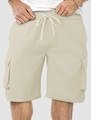 Detail view of men's beige cargo shorts featuring elastic drawstring waist and side pockets - S / Beige