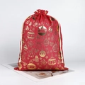 Large red Christmas drawstring gift bag with gold foil snowflake and ornament prints - Red Christmas Ball