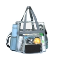Large clear PVC travel bag with grey nylon handles and mesh side pocket storage - Gray