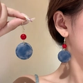 Minimalist geometric acrylic earrings in red and blue marble pattern with gold hooks - Gold-Blue Hook Style