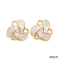 Golden 316L stainless steel stud earrings with white marble enamel flower design - Gold + White (KD3231)