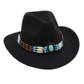 Detail of western cowboy hat with turquoise stone and ethnic style beaded band decor - One Size / Black Cowboy (Bead Band)