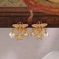 Elegant gold bee drop earrings with crystal wings and pearl star charms in vintage style - Bee Star Pearl Pendant Style
