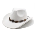 Close-up of white wool cowboy hat featuring a rustic wooden bead and charm hatband - White
