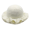 Detailed view of the white hand-knitted ruffle brim hat with intricate crochet patterns - M(54-60cm) / White