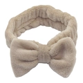Light khaki plush headband with large bow for face washing and makeup application - Khaki