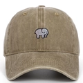 Close-up of elephant embroidery on washed cotton baseball cap with vintage finish - Adjustable / Khaki