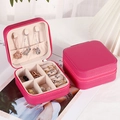 Portable rose red cross-grain leather jewelry box with multi-compartment storage - Basic Style / Rose Red
