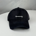 Detail of distressed brim and white Haaaaaapy embroidery on black cotton baseball cap - One Size (58-60cm) / Black