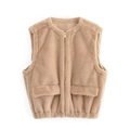 Gilet minimalista in ecopelliccia beige da donna con collo rotondo e chiusura lampo - XS / Cachi