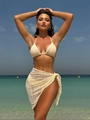 Three-piece solid cream textured bikini set with matching sarong wrap for beach vacation - S / Apricot