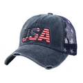 Navyblaue gewaschene Denim-Baseballkappe mit USA-Flaggen-Stickerei und Mesh-Rückseite - Marineblau USA Flagge Stickerei