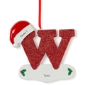 Sparkly red letter W Christmas ornament with Santa hat and personalization area - Letter W