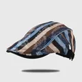 Retro paisley striped flat cap in blue and brown with adjustable side buckle - M (56-58cm) / Blue