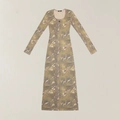 Close-up of long sleeve slim dress featuring distressed green mottled print and U-neckline - S / Hurricane Camouflage