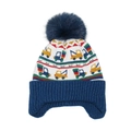 Warm kids knit winter hat with colorful construction truck patterns and fur pompom - M (52-54cm) / Blue (White with Blue Trim)
