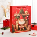 Sacchetto regalo rosso di Natale con gnomo festivo e robusti manici in corda - Babbo Natale al camino / Medio (12 pezzi)