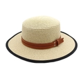 Cappello di paglia boater estivo con bordo nero e fibbia della cintura in pelle marrone - M (56-58cm) / Beige