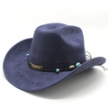 Detail of navy blue suede cowboy hat featuring a braided band with turquoise and shell beads - M (56-58cm) / Navy Blue (KK-058)