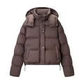 Women's brown cropped puffer jacket with detachable hood and drawstring hem detailing - S / Dark Brown