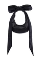 Detail of a black satin crescent bag featuring a large 3D bow and elegant long ribbons - Classic Black