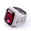 Detailed close-up of large red rectangle gemstone and engraved silver steel ring - US 7 / Silver Tone (Rose Red Rhinestone)
