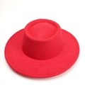 Top view of bright red wool felt boater hat with a wide flat brim and structured crown - 57cm / Red