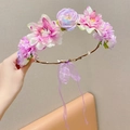 Fairy style flower crown headband with pink and purple silk blossoms and ribbons - Flower Garland / Purple